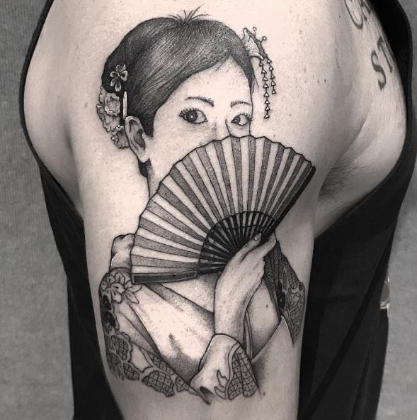 geisha fan japanese demon tattoo