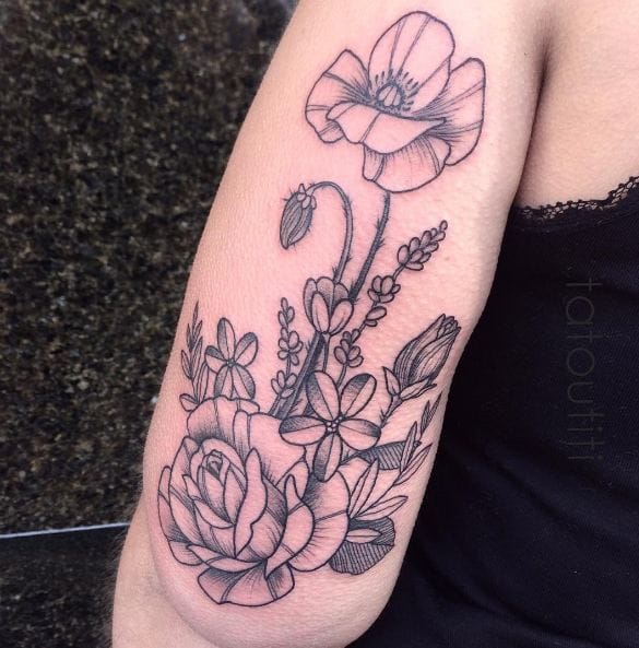 Rose With Lavender Flower Tattoos