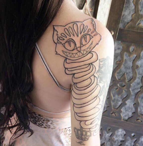 Alice In Wonderland Cheshire Cat Tattoos On Right Back Shoulder