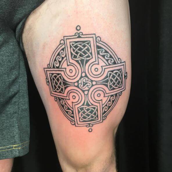 Celtic Cross Irish Tattoo Design On Thigh