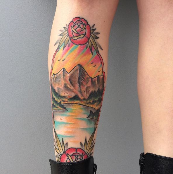 Colored Landscape Tattoos Design On Leg