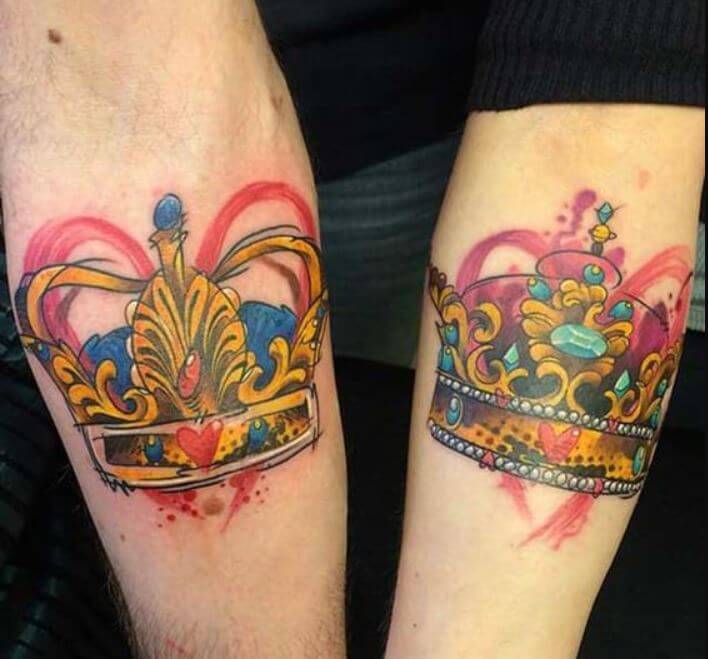 Colorful King And Queen Crown Tattoos