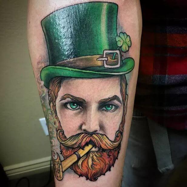 Green Hat Men Face Tattoo Design On Calf