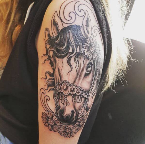 Half Sleeve Horse Tattoo Design On Arms