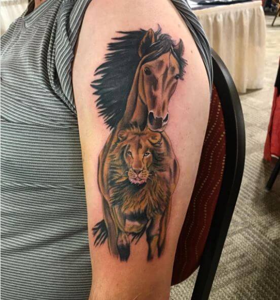 Horse And Lion Tattoo Design On Arms