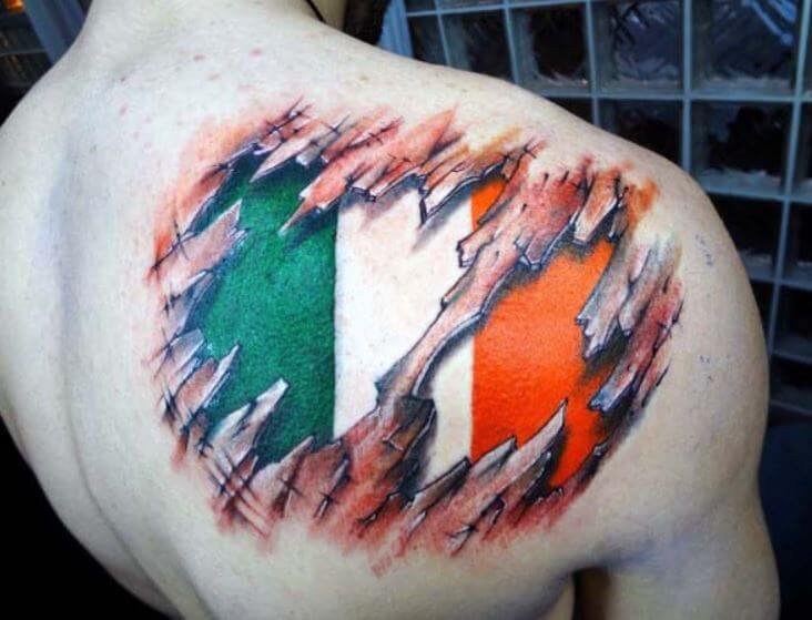 Irish Flag Ripped Skin Shoulder Tattoo Design And Ideas