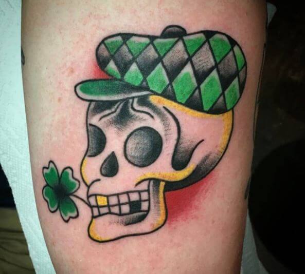 Irish Leaf Skull Tattoo Design On Calf