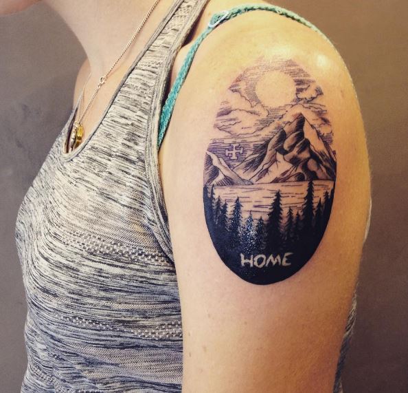 Mountain And Forest Tattoos Design On Biceps