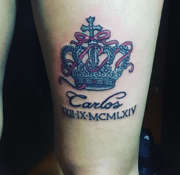 Roman Numerals And King Tattoos Design On Thigh