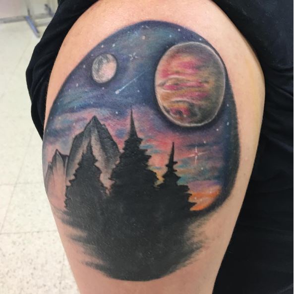 Water Color Landscape Tattoos Design On Thigh