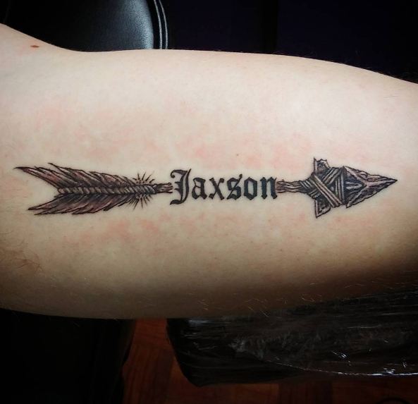 Arrow With Name Tattoos On Inner Biceps