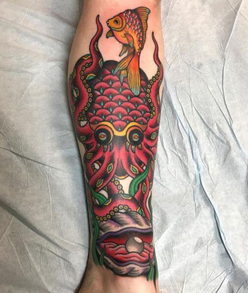 Fish With Octopus Tattoos On Leg