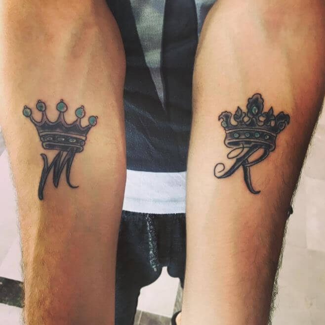 King And Queen Hearts Tattoo On Forearms