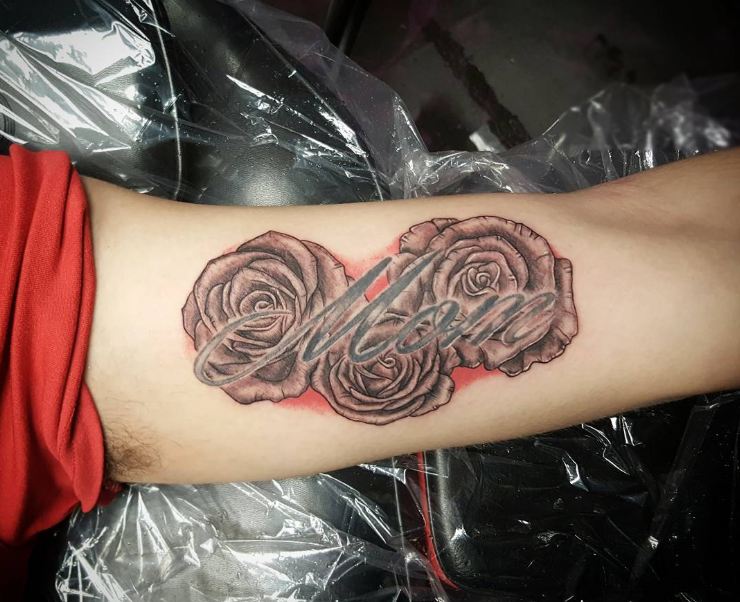 Rose With Mom Tattoos On Inner Biceps