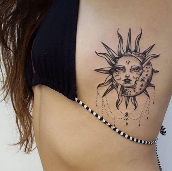 Awesome Sun Tattoos Design On Rib