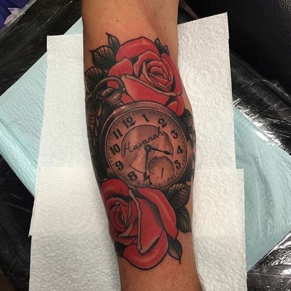 Awesome Watch Tattoos Design With Rose