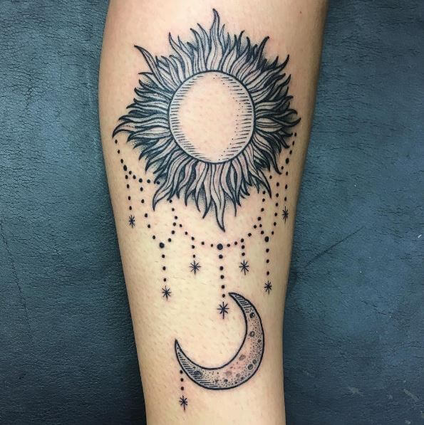 Beautiful Sun And Moon Tattoos Design On Calfs