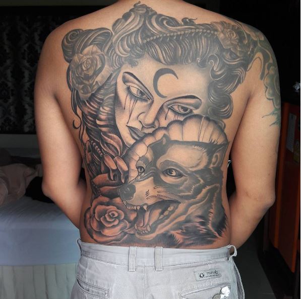 Black And Gray Color Full Back Tattoos Design