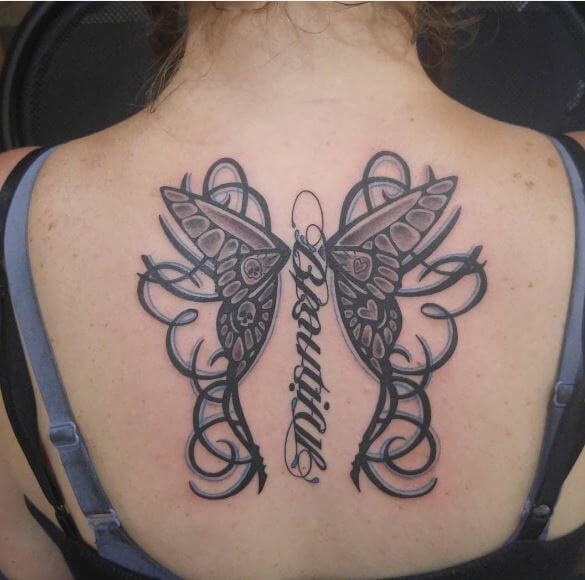 Butterfly And Ambigram Tattoos Design On Upper Backside