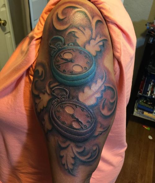 Colored Pocket Watch Tattoos Design And Ideas