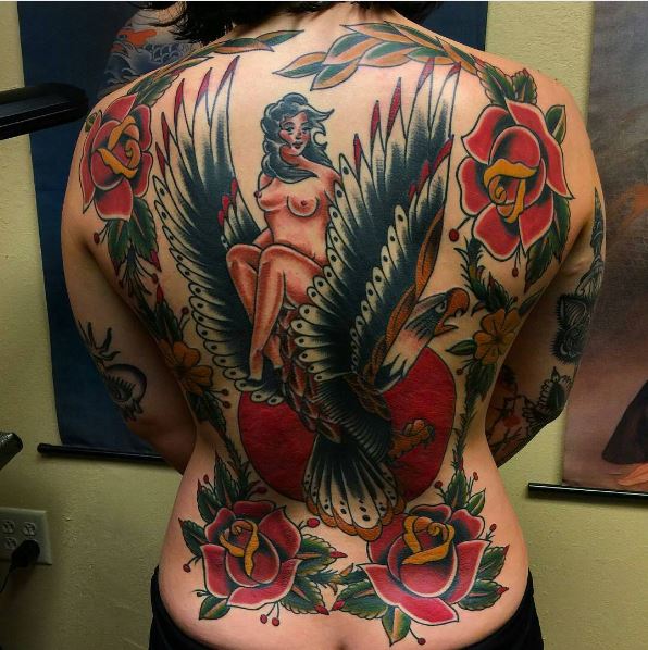 Colorful Full Back Tattoos Design For Women