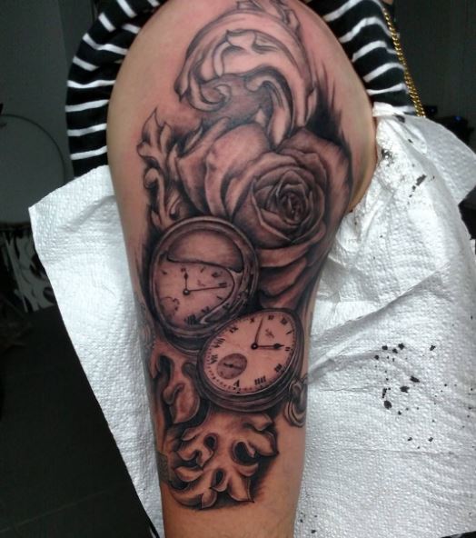 Flower And Pocket Watch Tattoos Design On Biceps
