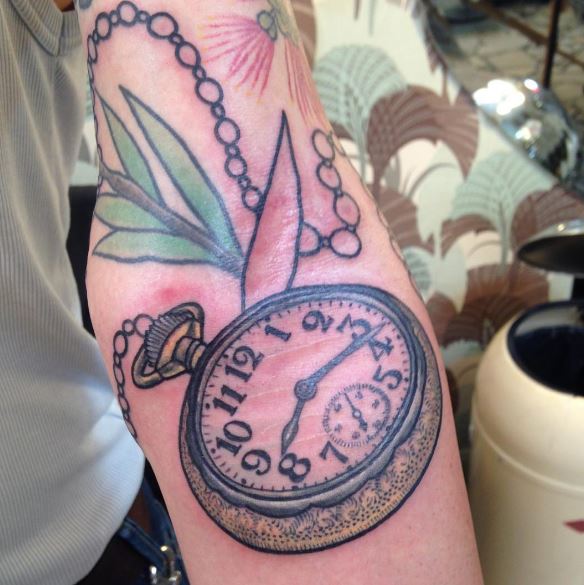 Full Size Pocket Watch Tattoos Design On Forearm