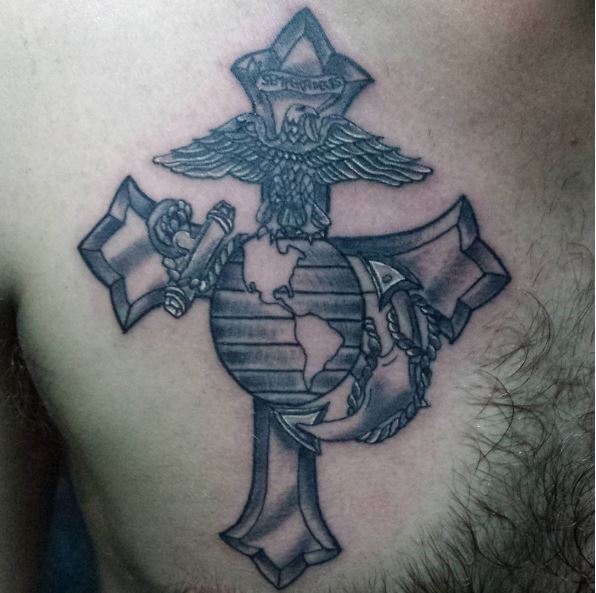 Marine Corps And Cross Tattoos Design On Chest
