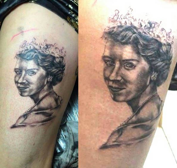 Old History Queen Tattoos Design On Thigh