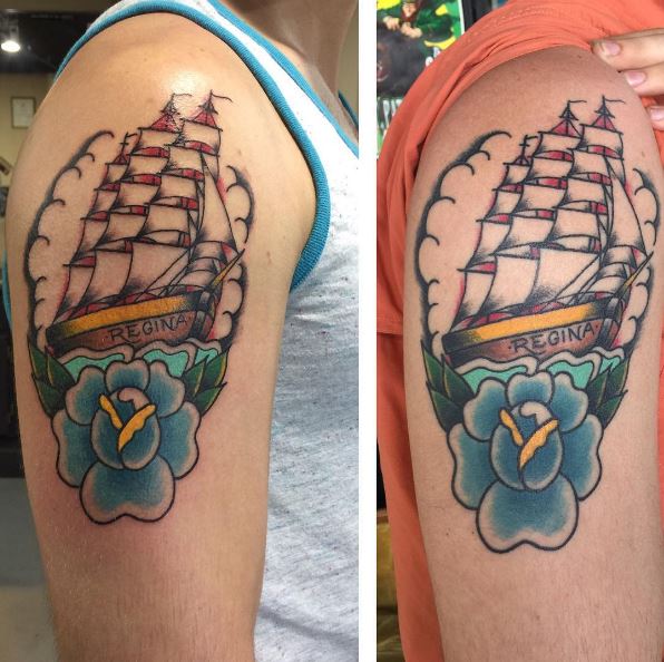 Ship Tattoos Design On Biceps