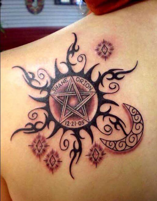 Sun Tattoos Design On Left Upper Back Shoulder