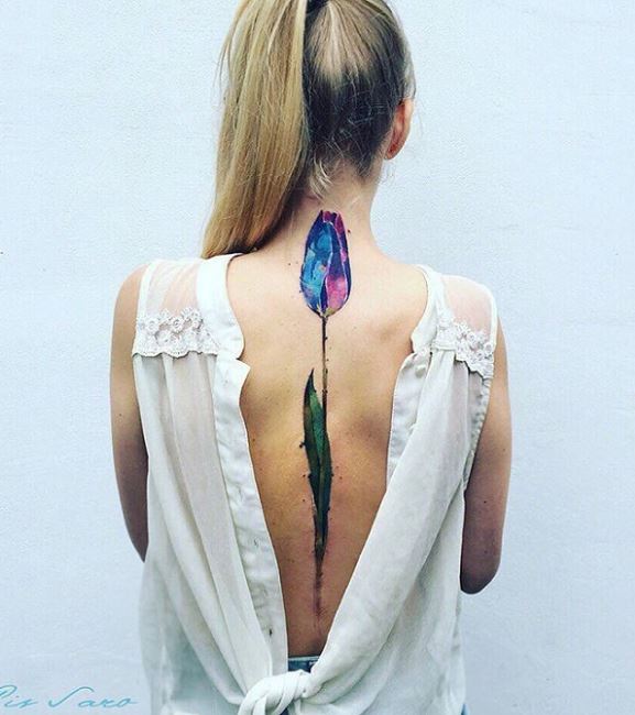 Watercolor Tulip Spine Tattoos Design For Girls