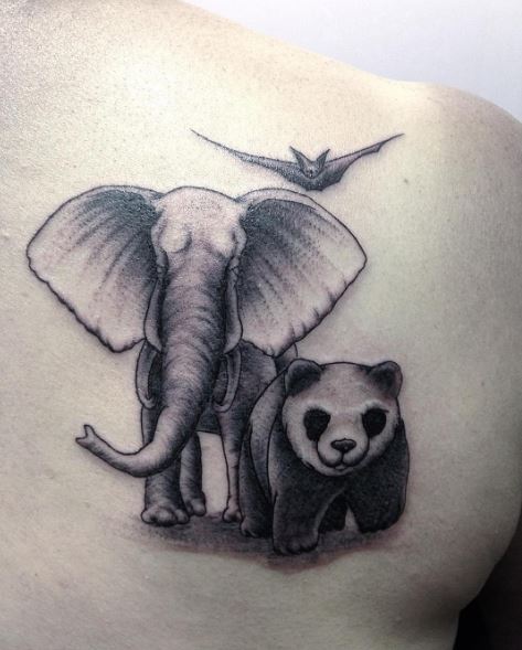 Wild Animal Panda And Elephant Tattoos Design On Back Side
