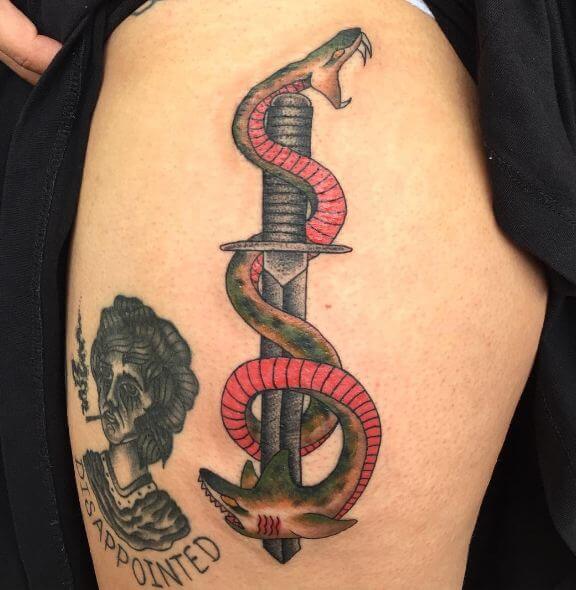 Beautiful Snake And Dagger Tattoos
