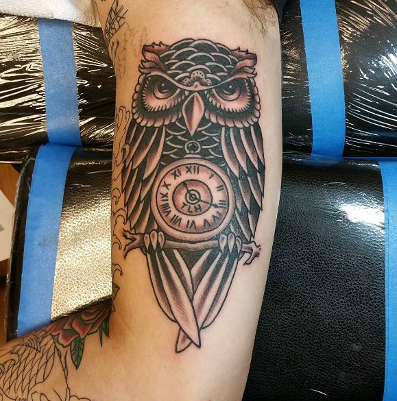 Owl With Clock Bicep Tattoos