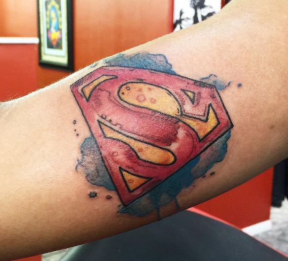 Watercolor Superman Bicep Tattoos
