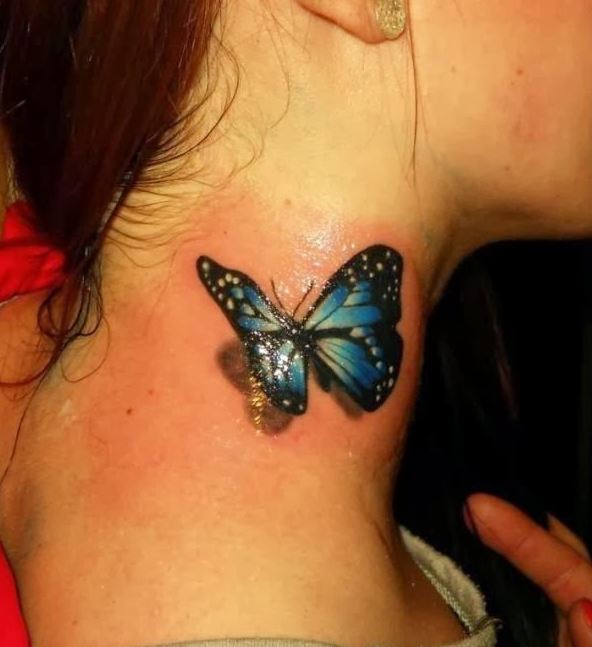 3D Colourful Realistic Butterfly Tattoo On Neck