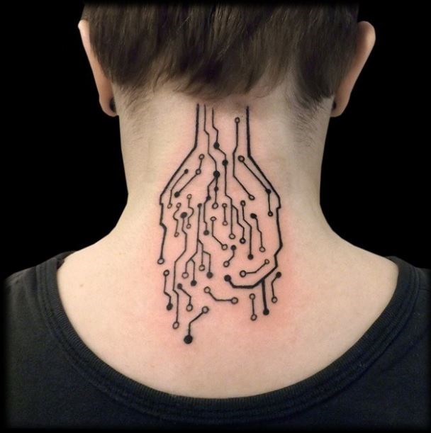 Awesome Black Ink Neck Tattoo Of Electronic Schema