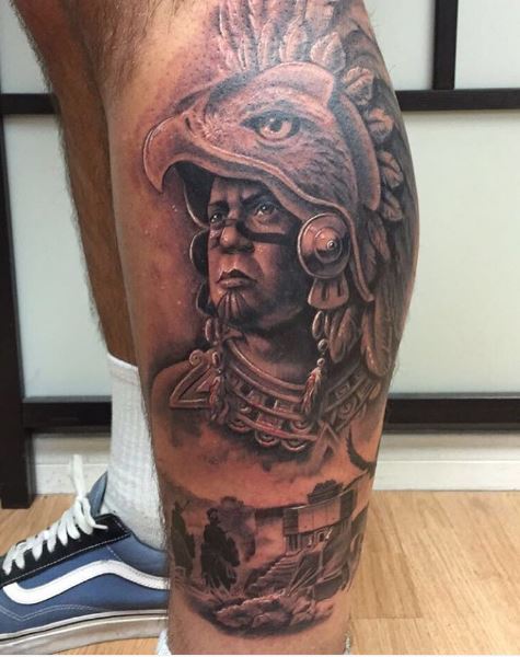 Aztec Worrier Tattoos Design On Calf