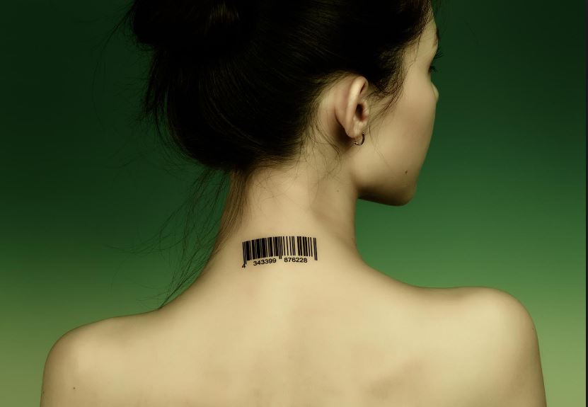 Black Barcode Tattoo On Girl Back Neck
