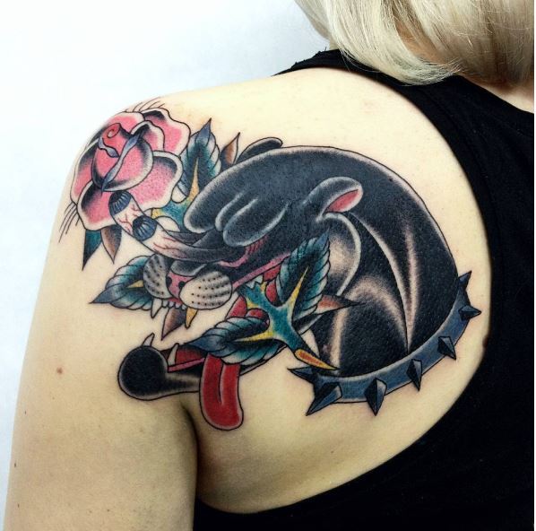 Black Cat Tattoos Design On Women Shoulder