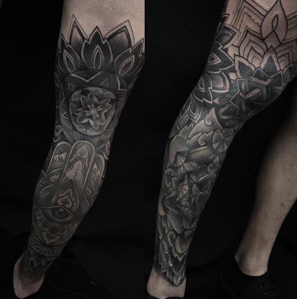 Black Work Tattoo On Leg 1
