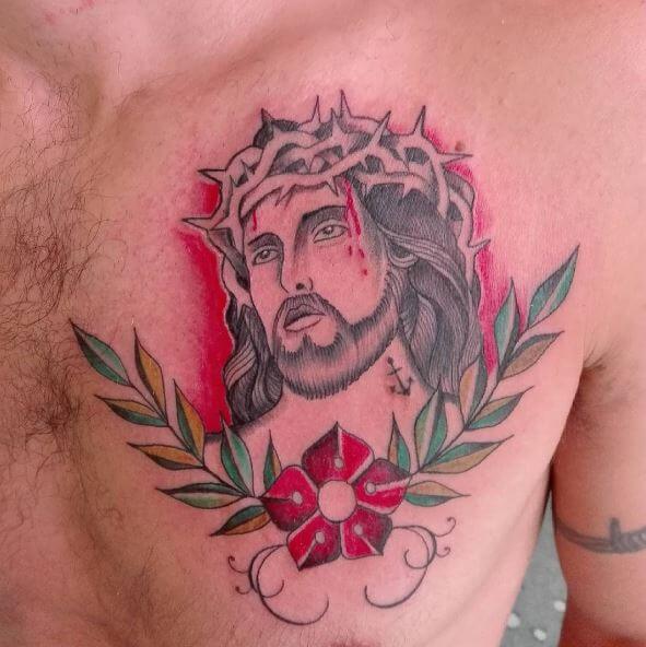 Colorful Jesus Tattoos Design On Chest