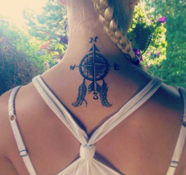 Compass Back Neck Tattoos Design