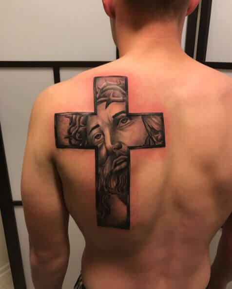 Cross And Jesus Tattoos Design On Men Upper Backside