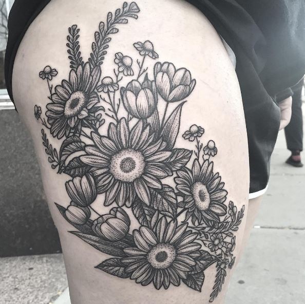Floral Plants Tattoos Design On Thigh
