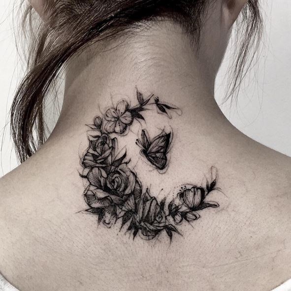 Flower And Butterfly Neck Tattoos