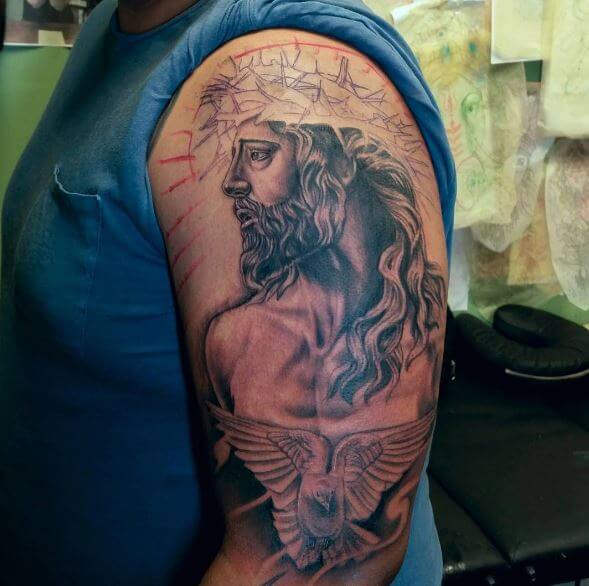 Jesus Black And Gray Color Tattoos Design