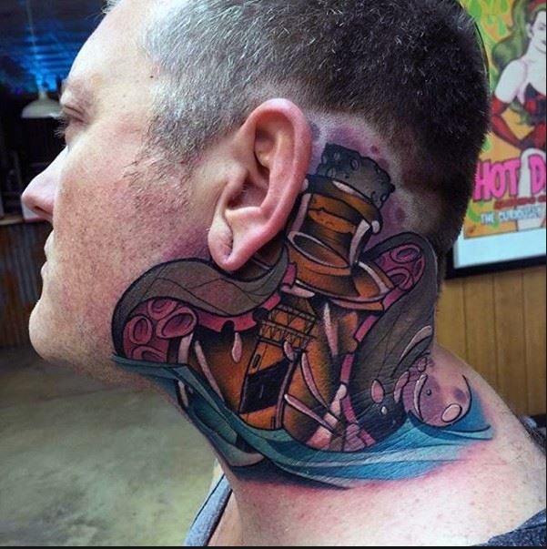 New School Style Colored Neck Tattoo Of Lighthouse With Octopus