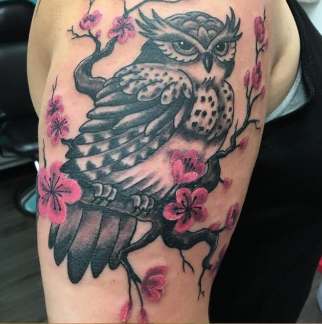 Owl And Cherry Blossom Tattoos